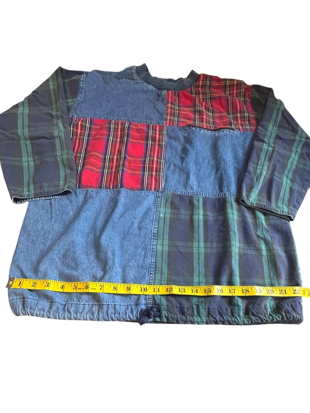 Vintage Marsha Sport Patchwork Denim Plaid Pullover 90s Grunge Top - Picture 3 of 14